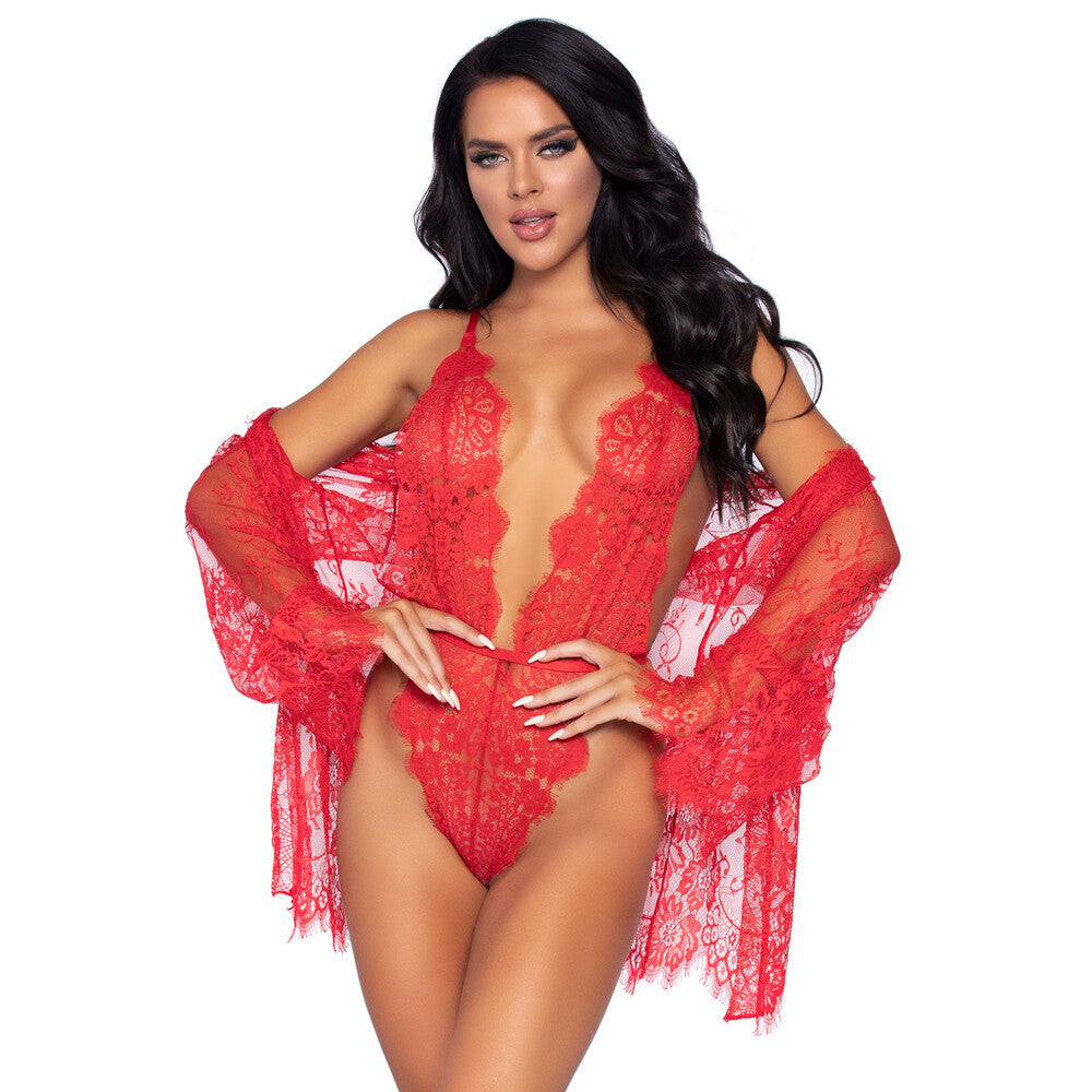 Leg Avenue Floral Lace Teddy and Robe Red-0