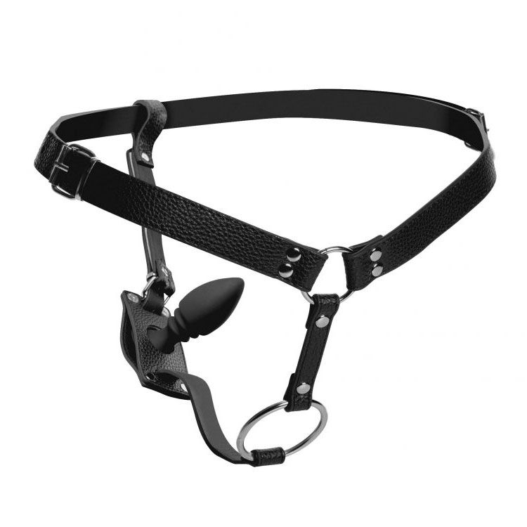 XR Strict Male Cock Ring Harness with Silicone Anal Plug-0